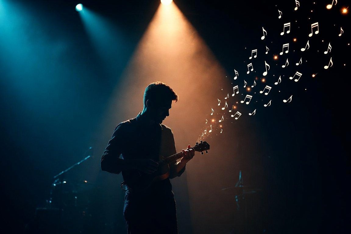 Lone musician silhouette with ukulele under a single warm stage spotlight, notes turning into fireflies